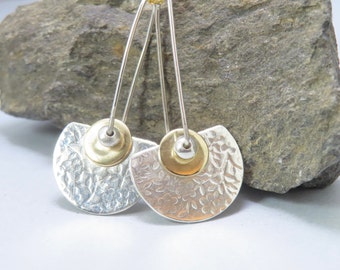 Mixed metal layered textured fan earrings in sterling silver and gold filled, artisan hand forged mixed metal drop earrings, long dangles