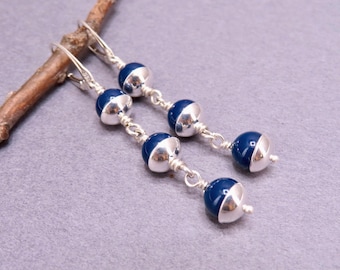 Blue Agate Sterling Silver Dangle Earrings, Hand Forged French Wires