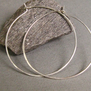 2 inch lightweight Sterling Silver Hoops, Hand Forged Hoops, Artisan Sterling Wire Hoops with self closure,