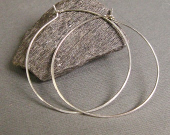 2 inch lightweight Sterling Silver Hoops, Hand Forged Hoops, Artisan Sterling Wire Hoops with self closure,