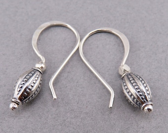 Hand forged sterling silver dangle earrings with textured urn-shaped bead,  everyday drops, artisan silver earrings, simple silver dangles