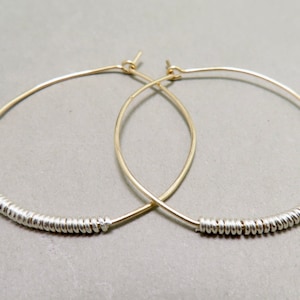 Lightweight mixed metal Hoops, hand forged gold filled hoops with sterling silver wire accent, Artisan Hoops in 2 sizes, minimalist earings