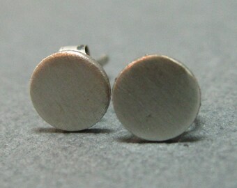 Brushed petite sterling round studies, square silver post earrings with brushed finish