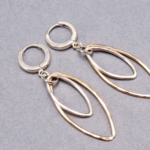 Mixed metal layered marquis shaped hoops in gold filed and sterling silver, long layered mixed metal dangle with hoop leverback closure