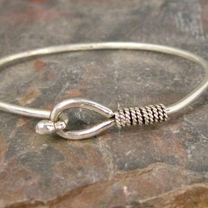 Sterling Hammered Latch Bangle Bracelet with Sterling Brain Accent, Sterling Silver Handmade Hook Bangle Artisan Jewelry