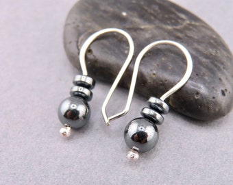 Petite gunmetal pyrite and sterling silver petite dangle earrings, hand forged everyday drops, artisan sterling silver and pyrite drops