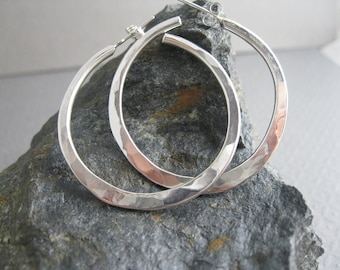 Heavy Sterling Hammered Hoops, Handcrafted Sterling Silver Jewelry, Hammered Sterling Silver 1 1/2 inch Hoops , hand forged artisan earrings