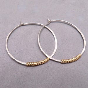 1 1/2 inch lightweight mixed metal Hoops, hand forged silver hoops with gold filled wire accent, Artisan Sterling Hoops with self closure,