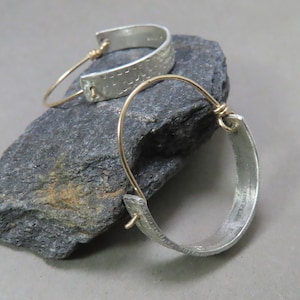 Mixed metal distressed pattern hoop with wide mouth lever closure, minimalist hoop earrings, hand forged artisan mixed metal boho jewelry