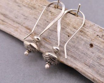 Hand forged sterling silver dangle earrings with textured urn-shaped bead,  everyday drops, artisan silver earrings, simple silver dangles