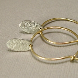 1 inch lightweight gold filled Hoops with textured sterling tags,  gold filled hoops with self closure mixed metal hoops with dangle