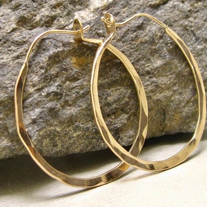 Self Locking Solid 14kt gold Hammered Hoops, Artisan Hand Forged Continuous Hoops, 1 1/2 inch gold hoops, heirloom artisan gold earrings