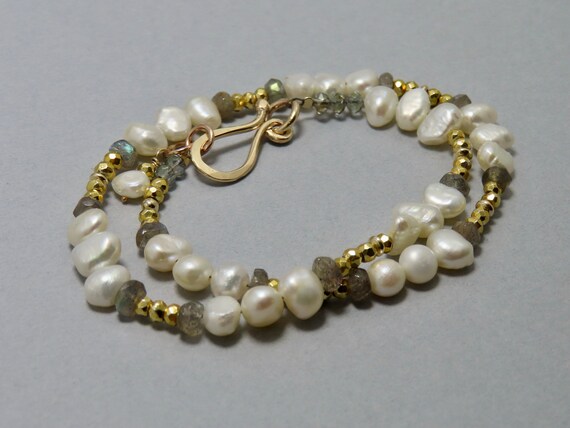 2-Strand Double Wrap Pearl and Gold Vermeil Beaded Bracelet with Labradorite Accents, White Pearl Wrap Bracelet with Gold Filled Hook Clasp