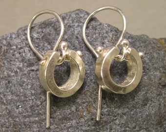 Tiny horseshoe drop earrings, sterling silver hand forged horseshoe dangled, artisan drops, hand forged sterling silver earrings,