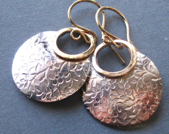 Mixed metal fan earrings in sterling silver and gold filled, artisan hand forged mixed metal drop earrings with flower pattern