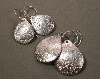 Sterling Silver Teardrop Dangle Earring with distressed finish in 2 sizes, Hand Forged Textured Boho Sterling Silver Artisan Earrings