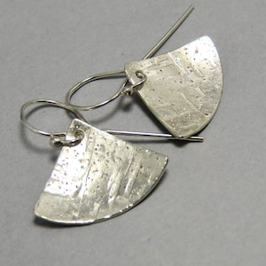 Sterling silver fan earrings, contemporary earrings, metalsmith fan earrings, hand forged dangles, distressed patterned artisan silver drops