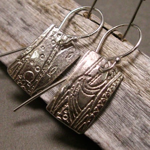 Sterling silver patterned tag earrings, silver everyday earrings, textured metalsmith jewelry, sterling silver dangles, artisan silver drops