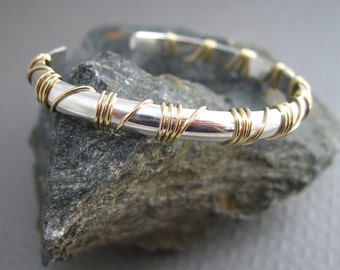 Sterling Medium Cuff wrapped in 14kt.  gold filled wire, Mixed Metal Artisan Bracelet Handcrafted Jewelry