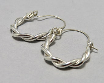 Braided sterling silver hoops, wide sterling twist hoops, fancy hand forged silver hoops, unique twist wire chunky hoops, artisan hoops