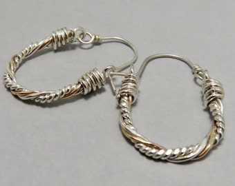 Braided mixed metal hoops in sterling silver and gold filled, wide twist hoops, fancy hand forged mixed metal artisan silver hoops
