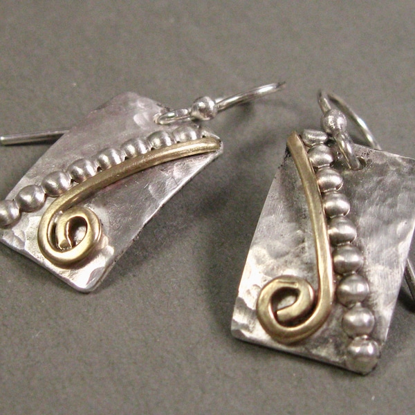 Handcrafted Sterling Silver and Brass Artisan Mixed Metal Earrings, Handmade Mixed Metal Dangle Earrings by Liz Blanchflower