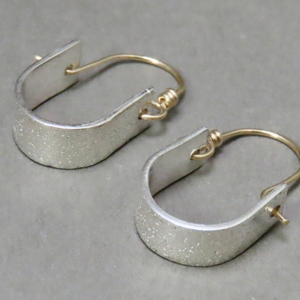 Mixed metal distressed pattern hoop with lever closure, minimalist hoop earrings, hand forged artisan mixed metal boho jewelry