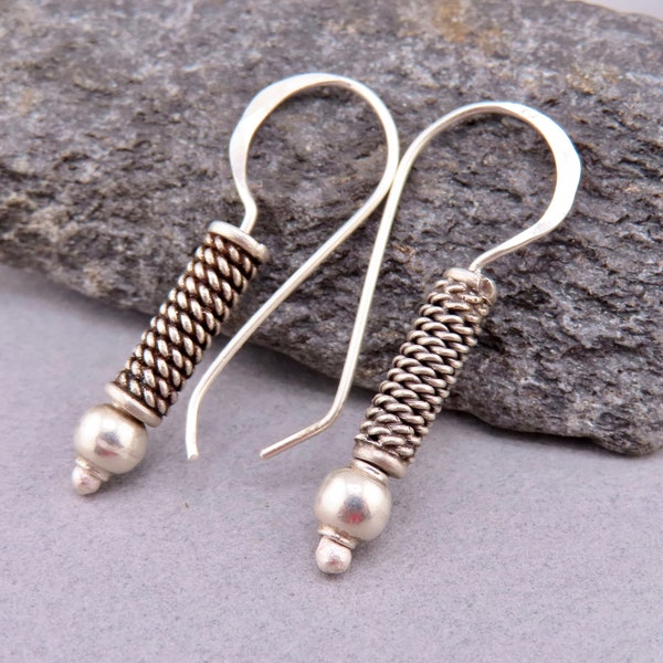 Hand forged sterling silver dangle earrings with twist wire bead,  everyday drops, artisan silver earrings, simple silver dangles