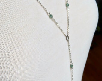 Long sterling silver lariat with green aventurine accents, delicate silver Y necklace necklace, feminine necklace with earthy gemstone drops