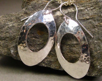 Large sterling silver oval pendant earrings with cut out, hand forged hammered dangles, artisan sterling silver drops, statement earrings