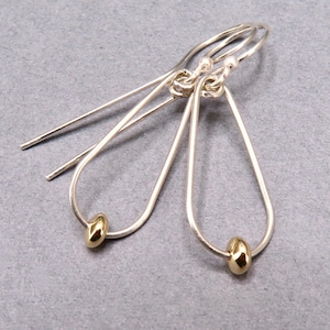 Mixed metal gold and silver medium teardrop hoop earrings, silver hoops with gold filled granule, artisan drop earrings, metalsmith jewelry