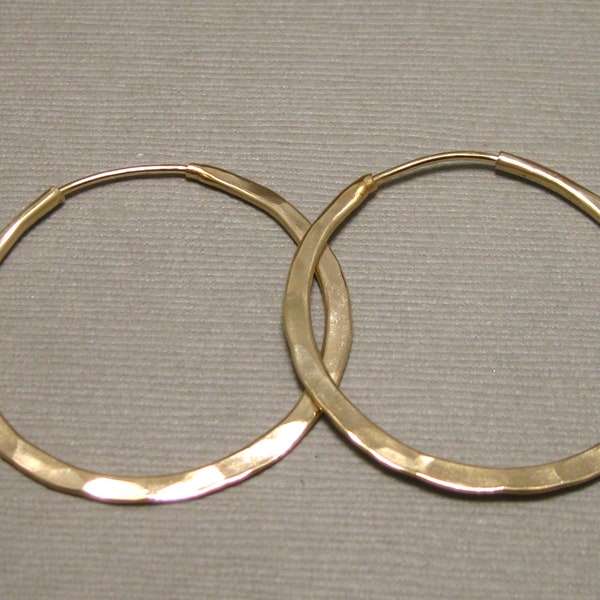 Self Locking Gold filled Hammered Hoops, Artisan Hand Forged Continuous Hoops, large hammered hoops in gold filled, 1 1/2 inch gold hoops