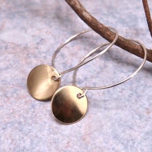 1 inch lightweight sterling silver Hoops with gold filled disc accents, mixed metal  hoops with  gold dangle, minimalist mixed metal jewelry