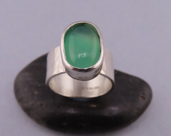 Size 6 sterling silver statement ring with 11 x 14 green chalcedony cabochon, green gemstone ring, hand forged artisan silver statement ring