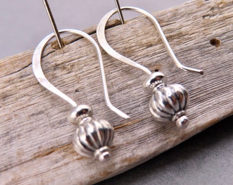 Petite hand forged sterling silver petite dangle earrings, small everyday drops, artisan sterling silver earrings with silver beads