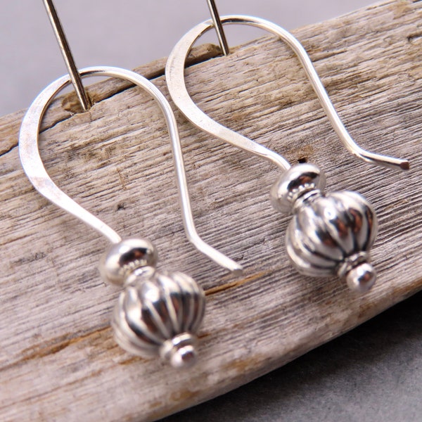 Petite hand forged sterling silver petite dangle earrings, small everyday drops, artisan sterling silver earrings with silver beads