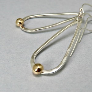 Mixed metal gold and silver medium teardrop hoop earrings, silver hoops with gold filled granule, artisan drop earrings, metalsmith jewelry