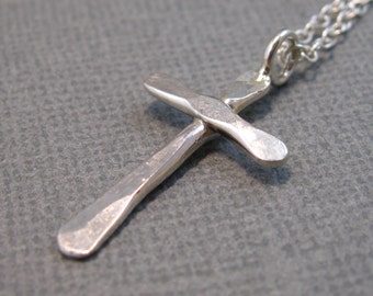 Petite hand forged sterling silver cross necklace, small hammered women's cross necklace in sterling silver