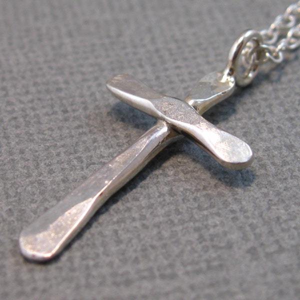 Petite hand forged sterling silver cross necklace, small hammered women's cross necklace in sterling silver