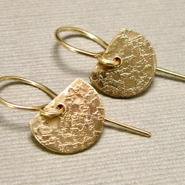 Small gold filled textured fan earrings, petite gold filled drops, textured fan earrings, hand forged gold filled earrings