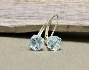 6mm faceted sky blue topaz drop earring with sterling silver lever back, petite dangle, topaz jewelry, 5/8 inch blue topaz drops