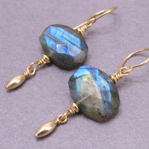 Elegant faceted labradorite dangle earrings with gold filled accents and gold filled ear wire, gold and labradorite drop statement earrings