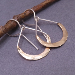 Mixed metal gold and silver medium teardrop dangle earrings, hammered gold and silver, artisan drop earrings, metalsmith jewelry