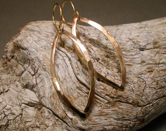 Gold-filled leaf shaped hoop dangles, hammered gold filled leaf earrings, hand forged gold drops, artisan gold jewelry, long marquis hoops