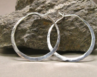 Hand Forged Sterling Silver Hammered Hoop Earrings: Self Locking