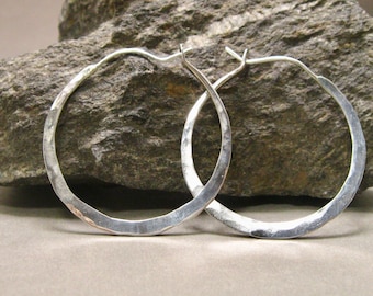 Sterling silver hammered self locking hoops, artisan hand forged hoops self locking hoops in 2 sizes, artisan earrings, hammered hoops