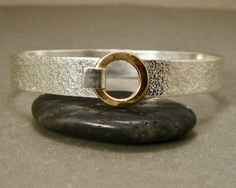 Mixed Metal Hand Forged Sterling Silver Distressed Finish Bangle with 14kt Gold Filled Circle Closure, Textured Artisan Hook Bracelet