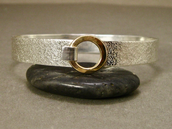 Mixed Metal Hand Forged Sterling Silver Distressed Finish Bangle With 14kt  Gold Filled Circle Closure, Textured Artisan Hook Bracelet 