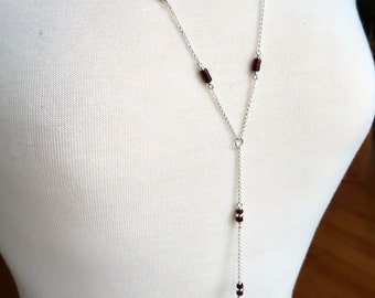 Long sterling silver lariat with red jasper accents, delicate silver Y necklace necklace, feminine necklace with earthy gemstone drops