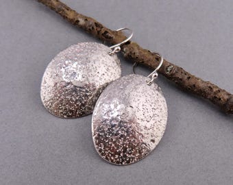 Hand Forged Sterling Silver Earrings, Distressed Oval Medallion, Artisan Jewelry